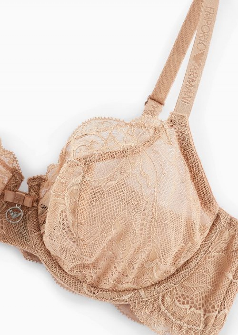 Beige Emporio Armani Virtual Lace Underwired Bra | EA-SN56639