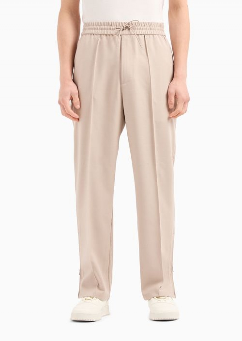 Beige Emporio Armani Wool-blend Drawstring Trousers With Veining | EA-SN58386