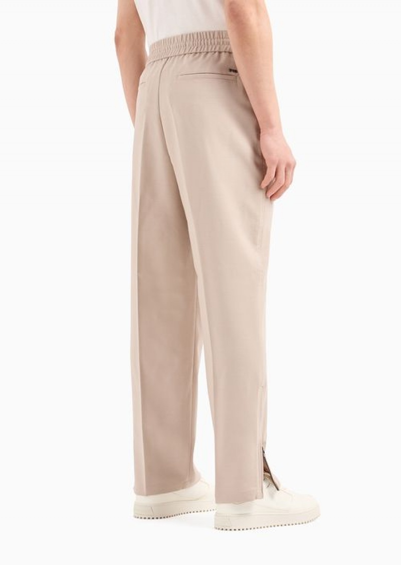 Beige Emporio Armani Wool-blend Drawstring Trousers With Veining | EA-SN58386