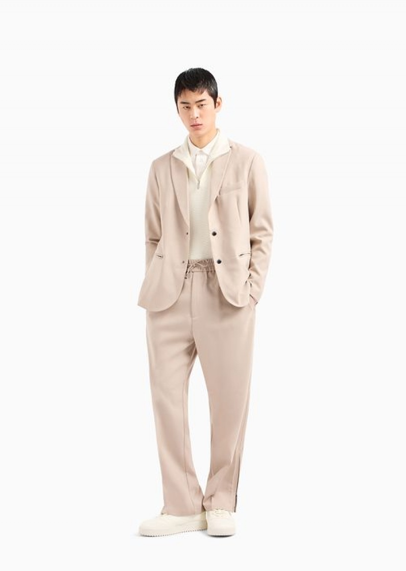 Beige Emporio Armani Wool-blend Drawstring Trousers With Veining | EA-SN58386