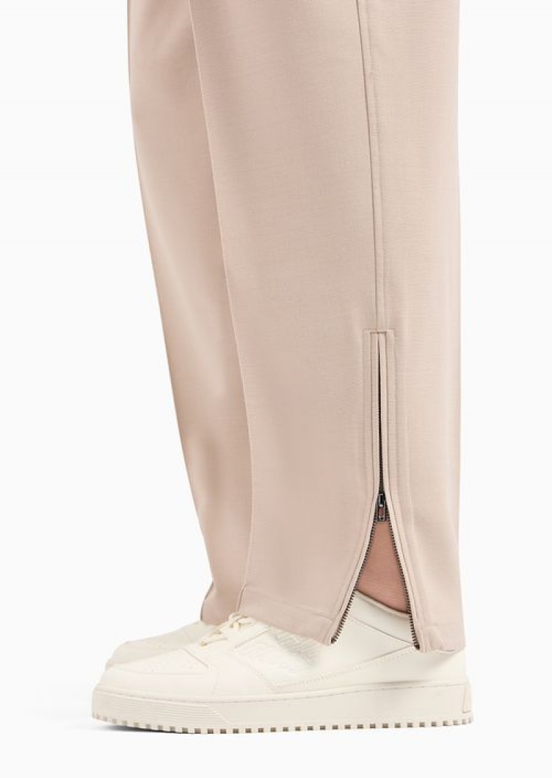 Beige Emporio Armani Wool-blend Drawstring Trousers With Veining | EA-SN58386