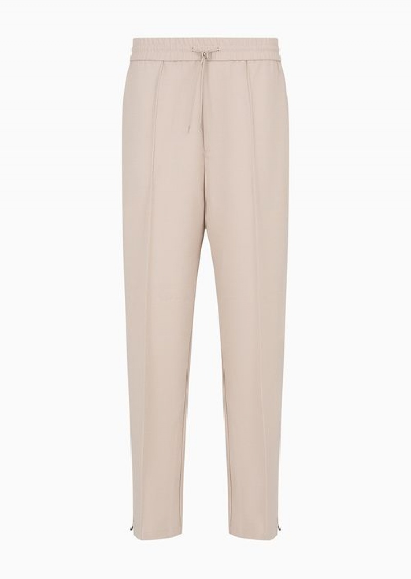 Beige Emporio Armani Wool-blend Drawstring Trousers With Veining | EA-SN58386