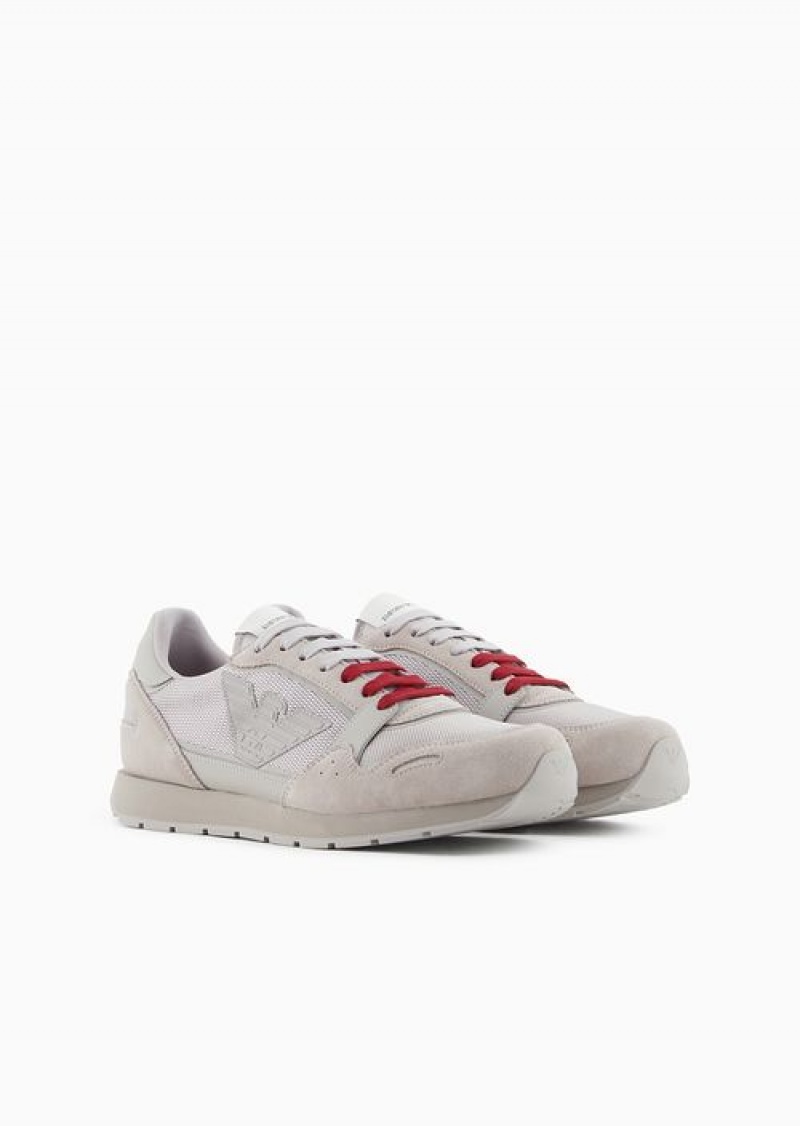 Beige Logo Emporio Armani Mesh Sneakers With Suede Details And Eagle Patch | EA-SN58940