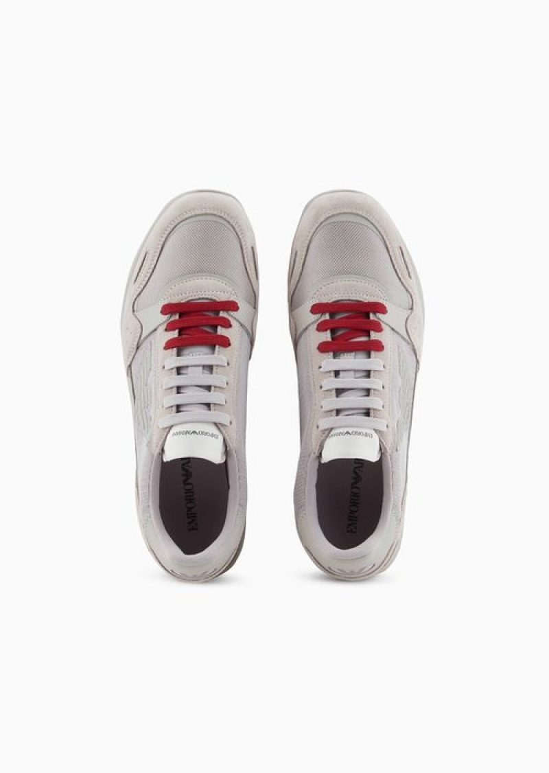 Beige Logo Emporio Armani Mesh Sneakers With Suede Details And Eagle Patch | EA-SN58940