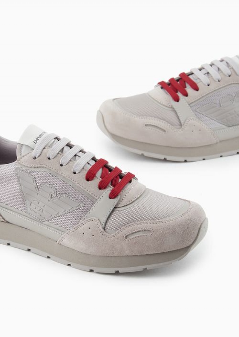 Beige Logo Emporio Armani Mesh Sneakers With Suede Details And Eagle Patch | EA-SN58940