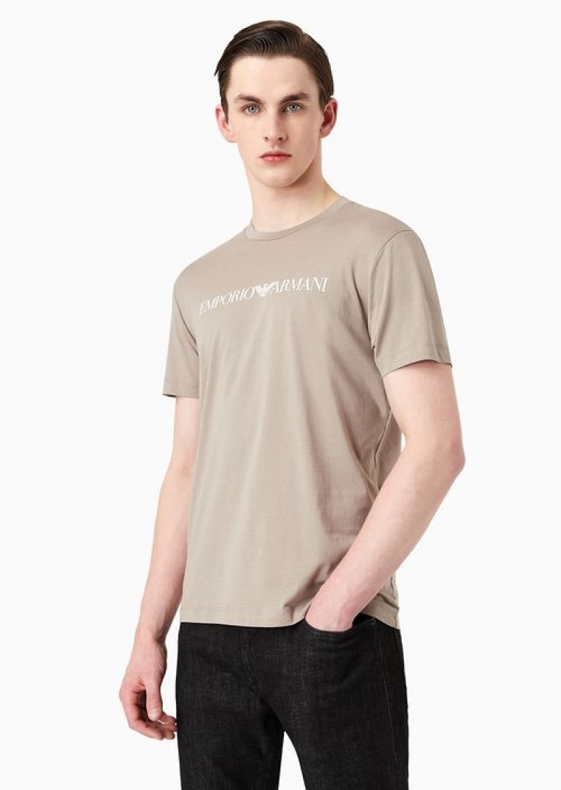 Beige Logo Emporio Armani Pima-jersey T-shirt With Logo Print | EA-SN58708