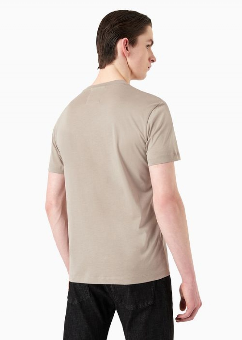 Beige Logo Emporio Armani Pima-jersey T-shirt With Logo Print | EA-SN58708