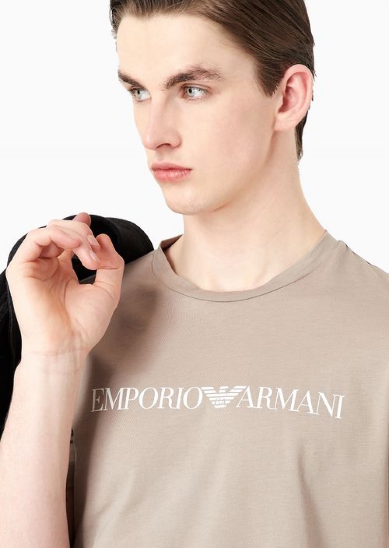 Beige Logo Emporio Armani Pima-jersey T-shirt With Logo Print | EA-SN58708