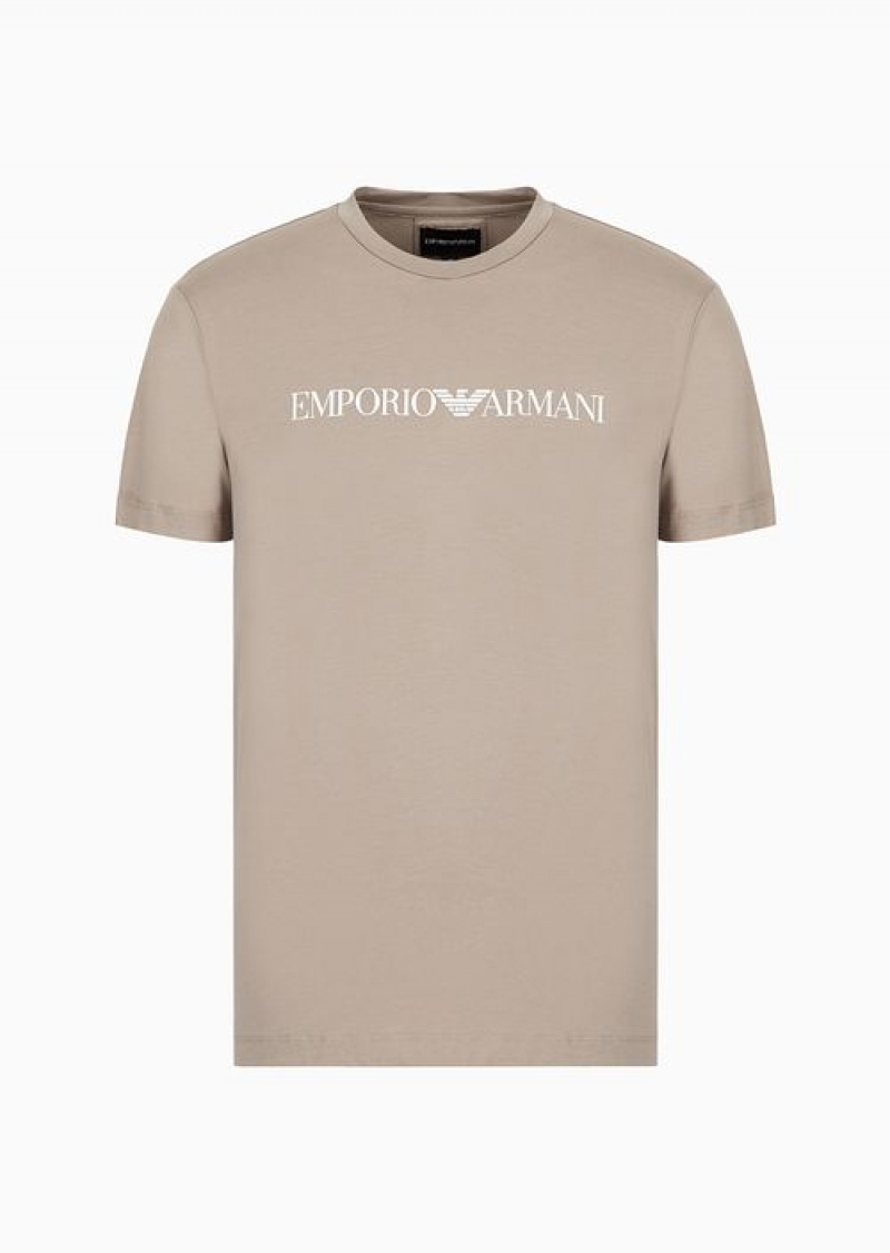 Beige Logo Emporio Armani Pima-jersey T-shirt With Logo Print | EA-SN58708