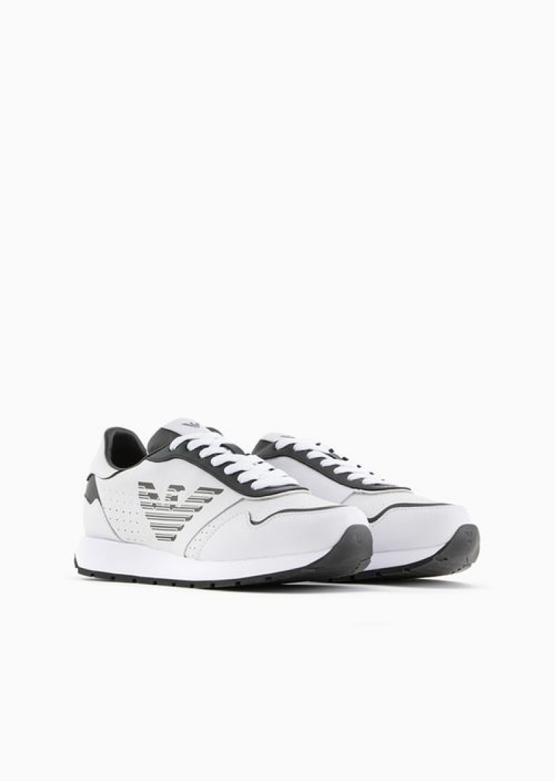 Bianco E Nero Emporio Armani Leather Sneakers With Contrasting Eagle | EA-SN57208