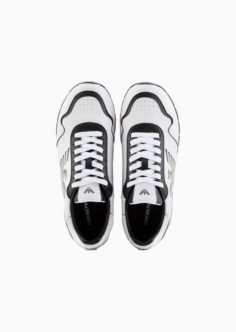 Bianco E Nero Emporio Armani Leather Sneakers With Contrasting Eagle | EA-SN57208