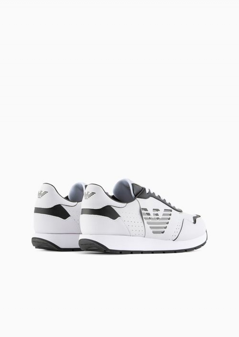 Bianco E Nero Emporio Armani Leather Sneakers With Contrasting Eagle | EA-SN57208