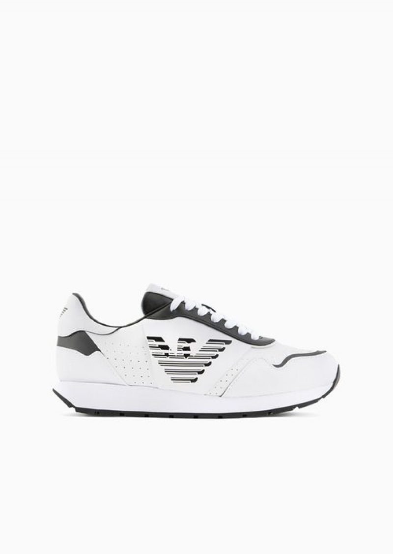 Bianco E Nero Emporio Armani Leather Sneakers With Contrasting Eagle | EA-SN57208