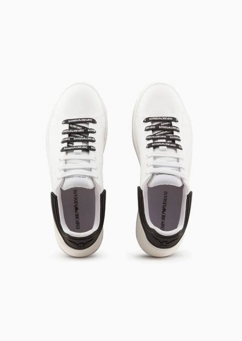 Bianco E Nero Emporio Armani Leather Sneakers With Rubber Backs | EA-SN57215