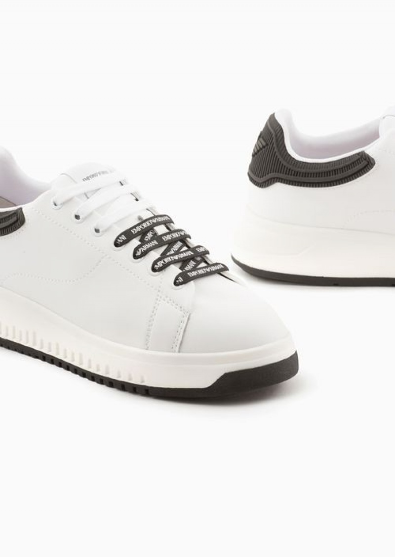 Bianco E Nero Emporio Armani Leather Sneakers With Rubber Backs | EA-SN57215