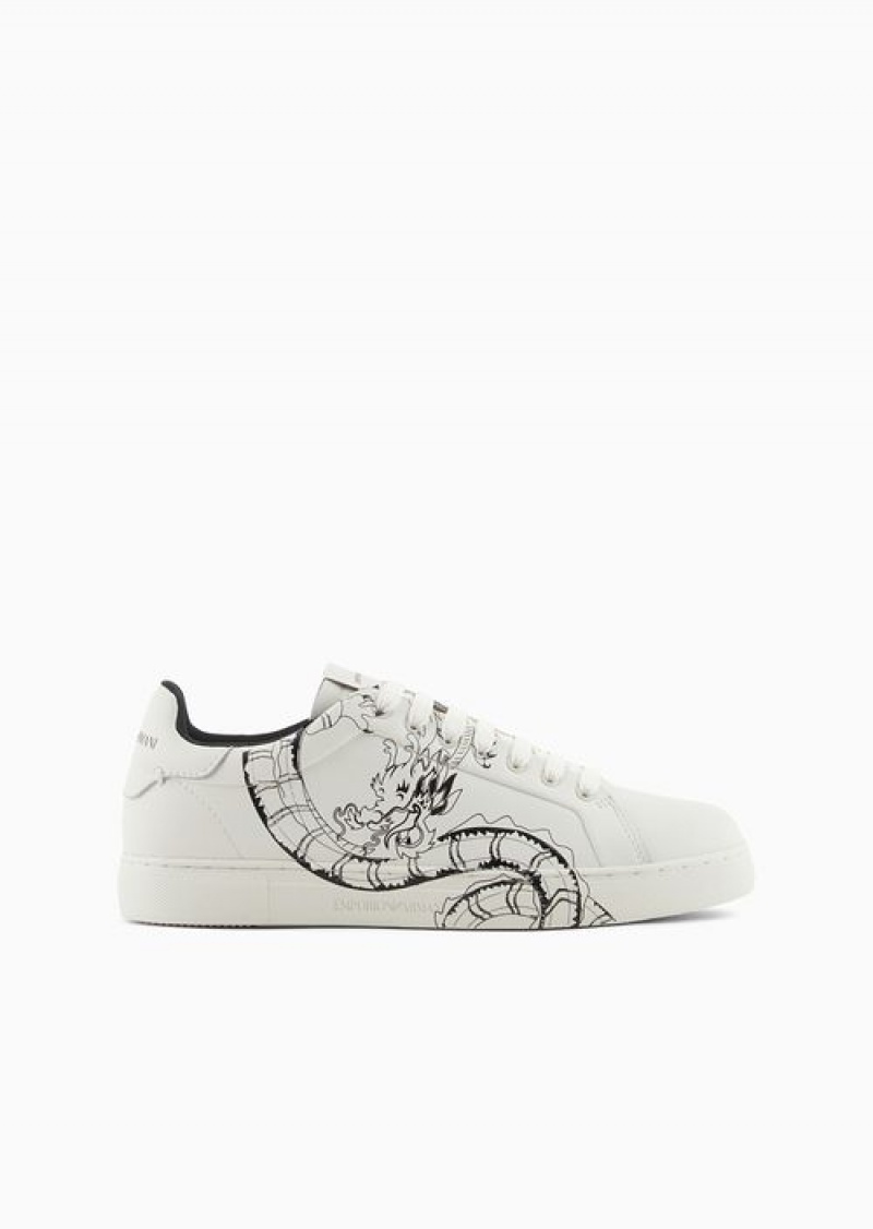 Bianco E Nero Emporio Armani Lunar New Year Dragon-print Leather Sneakers | EA-SN57229