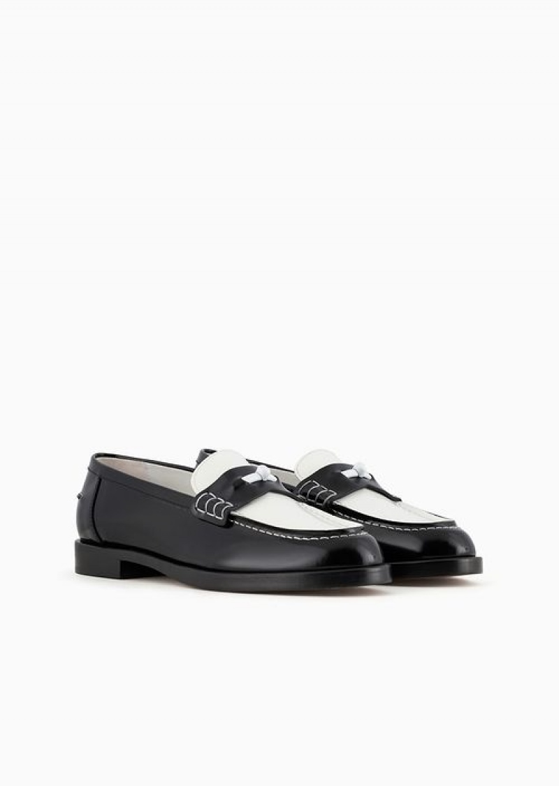 Bianco E Nero Emporio Armani Polished Leather Loafers With Stirrup Bar | EA-SN57129