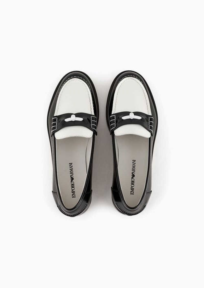 Bianco E Nero Emporio Armani Polished Leather Loafers With Stirrup Bar | EA-SN57129