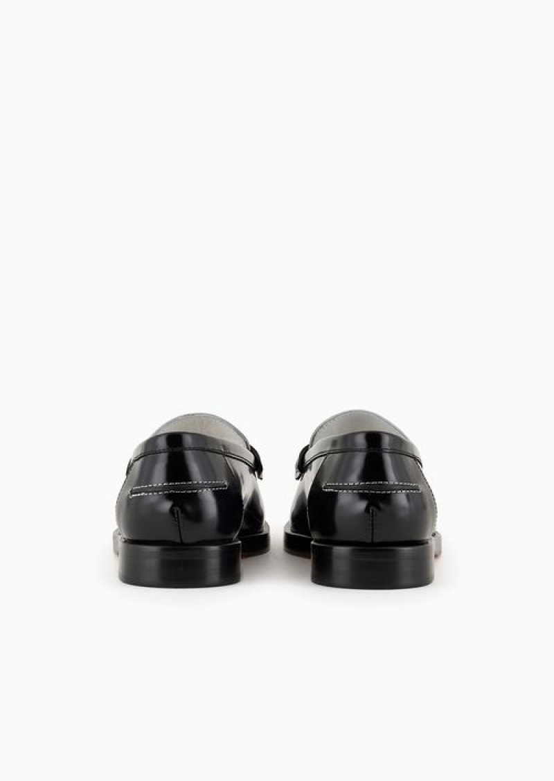 Bianco E Nero Emporio Armani Polished Leather Loafers With Stirrup Bar | EA-SN57129