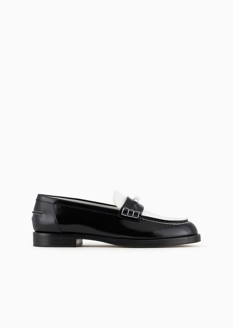 Bianco E Nero Emporio Armani Polished Leather Loafers With Stirrup Bar | EA-SN57129