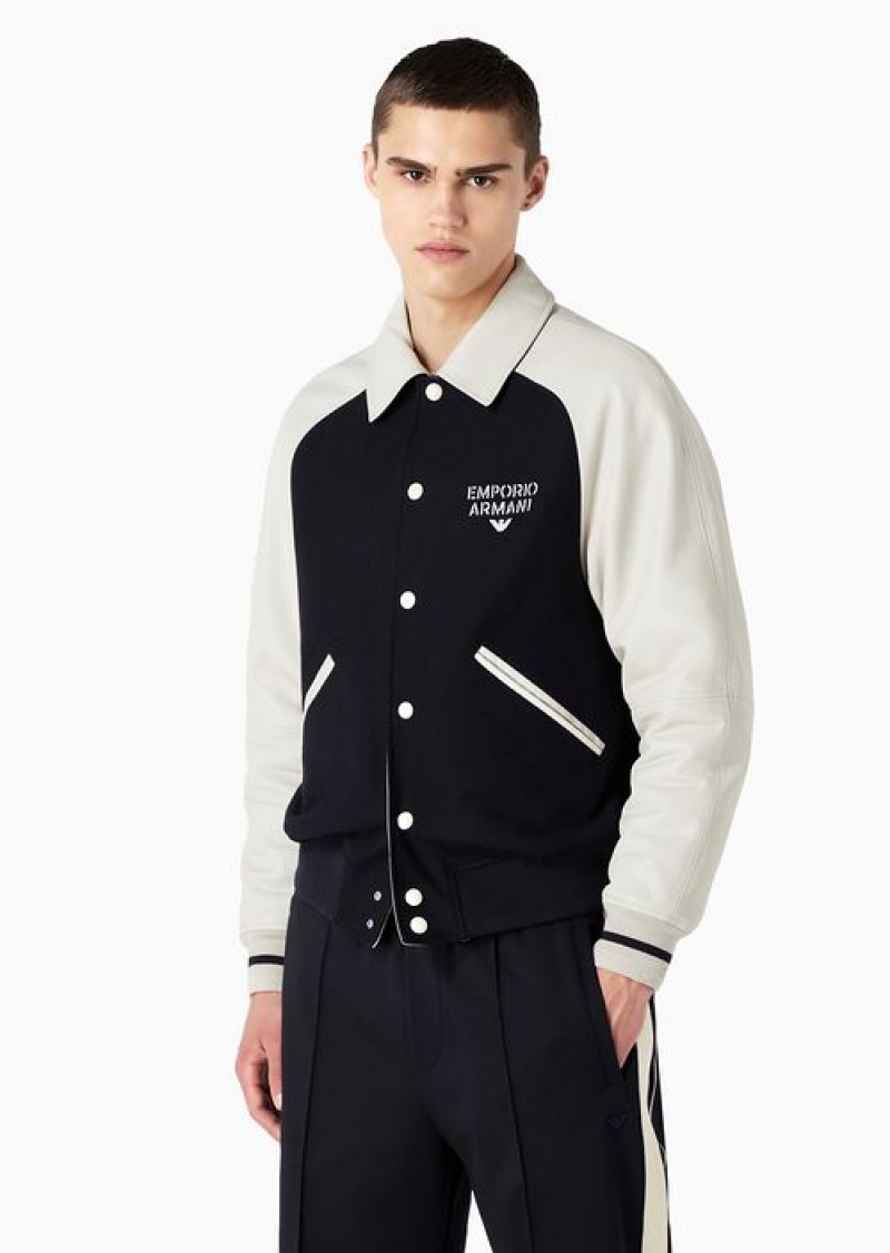 Bianco E Nero Emporio Armani Wool Cloth Blouson With Leather Sleeves And Logo Embroidery | EA-SN58159