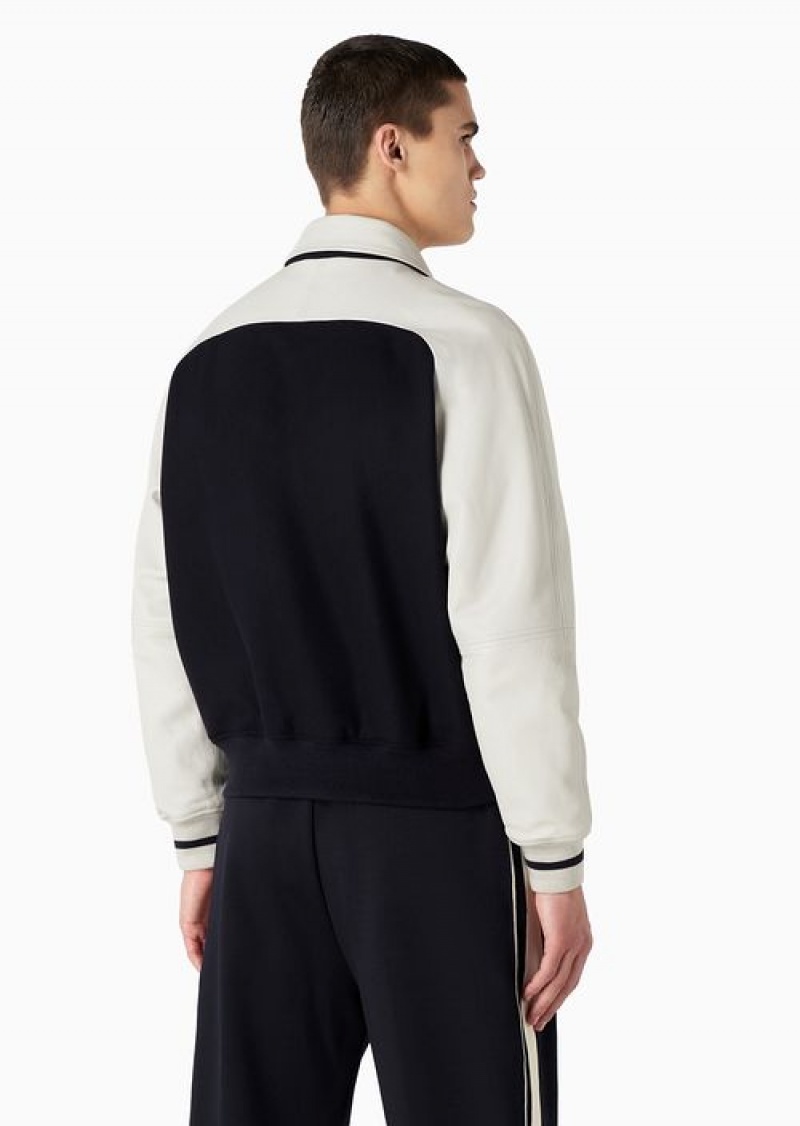 Bianco E Nero Emporio Armani Wool Cloth Blouson With Leather Sleeves And Logo Embroidery | EA-SN58159