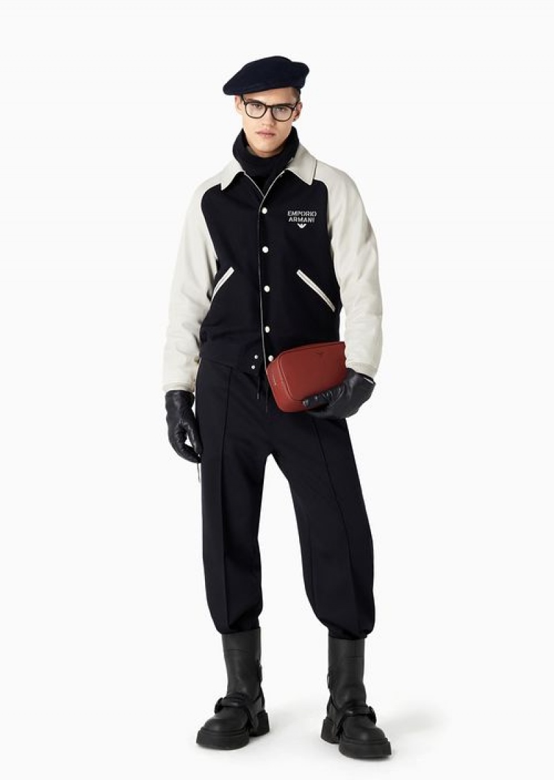 Bianco E Nero Emporio Armani Wool Cloth Blouson With Leather Sleeves And Logo Embroidery | EA-SN58159