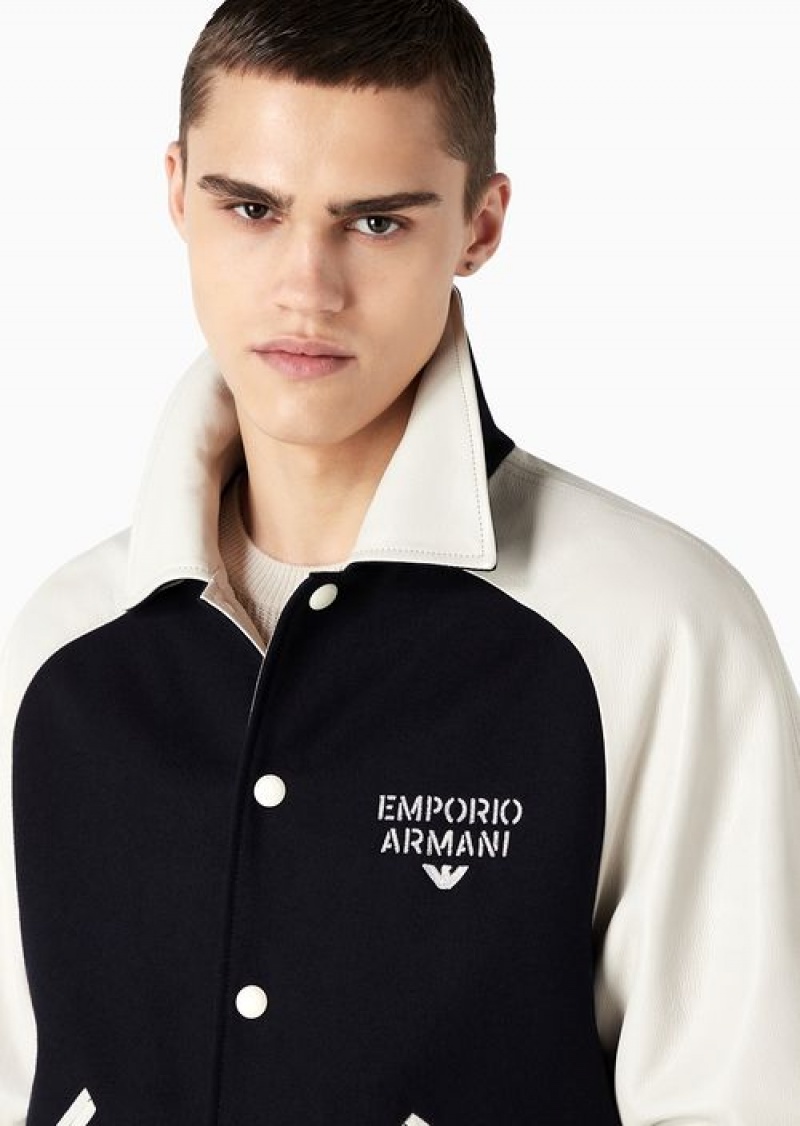 Bianco E Nero Emporio Armani Wool Cloth Blouson With Leather Sleeves And Logo Embroidery | EA-SN58159