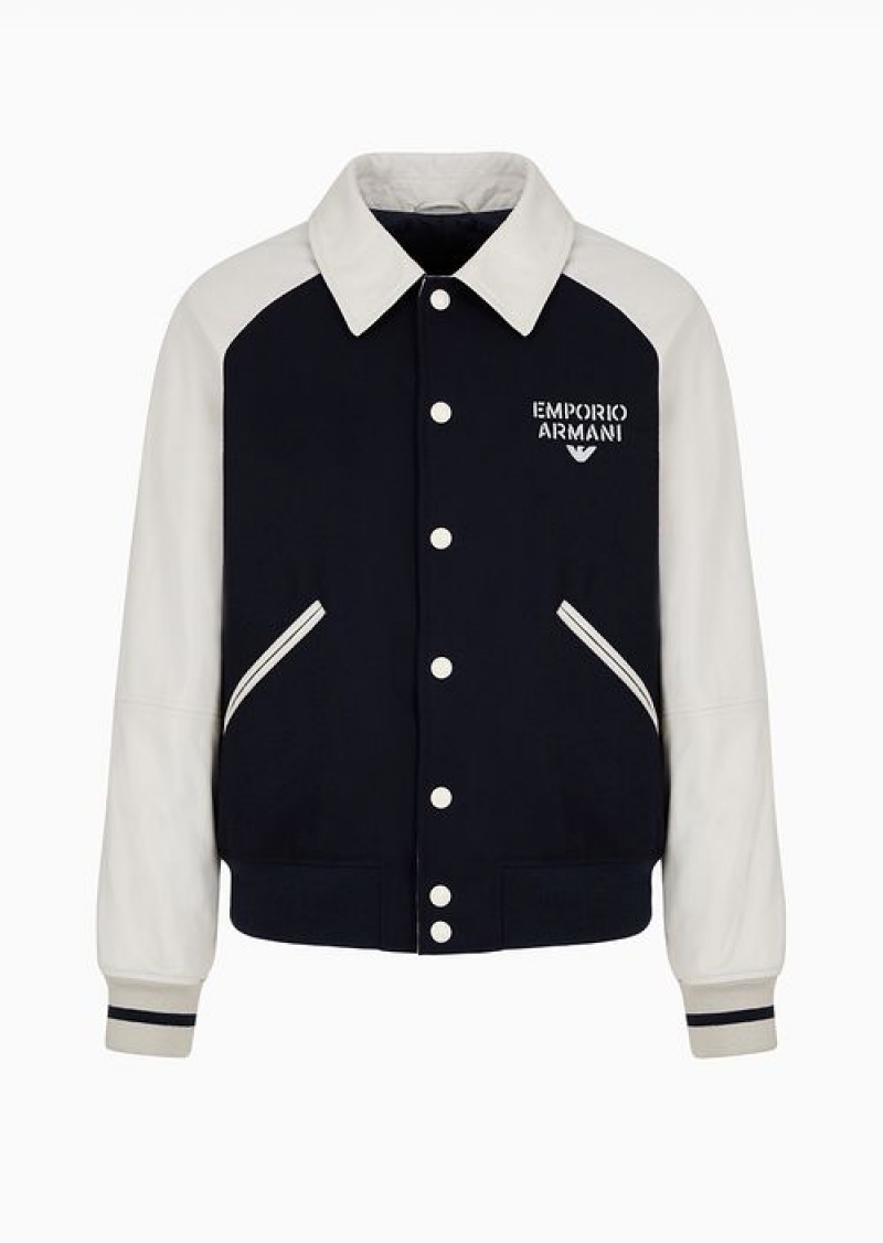 Bianco E Nero Emporio Armani Wool Cloth Blouson With Leather Sleeves And Logo Embroidery | EA-SN58159