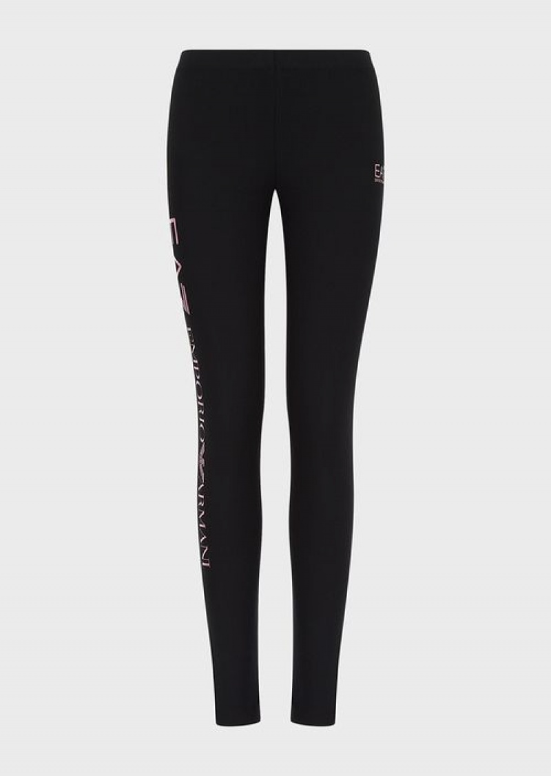 Black 3 Emporio Armani Shiny Stretch Cotton Leggings | EA7-SN59541