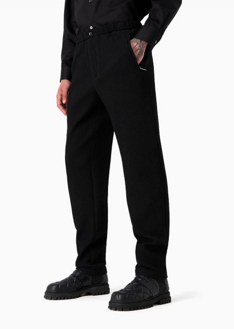 Black Emporio Armani 3d-effect Stretch Virgin Wool Chinos With An Elasticated Waist | EA-SN58319