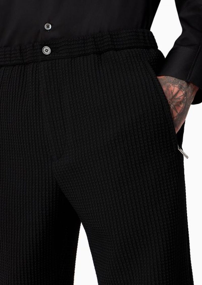 Black Emporio Armani 3d-effect Stretch Virgin Wool Chinos With An Elasticated Waist | EA-SN58319