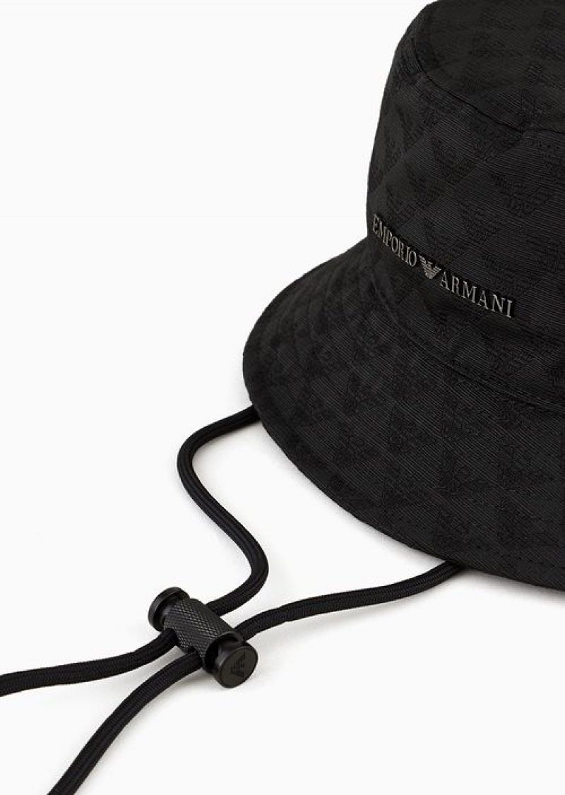 Black Emporio Armani All-over Eagle Jacquard Cloche Hat With Strap | EA-SN59194