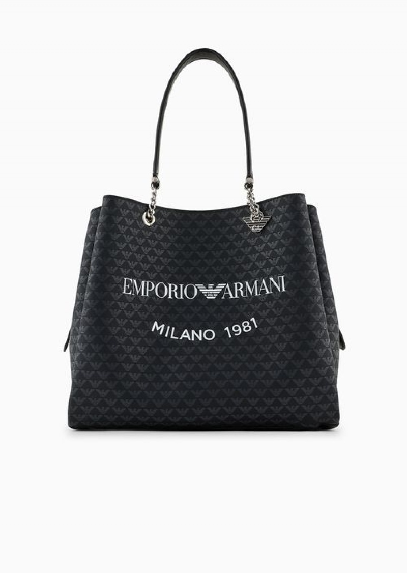 Black Emporio Armani All-over Eagle Shopper Bag With Eagle Charm | EA-SN57429