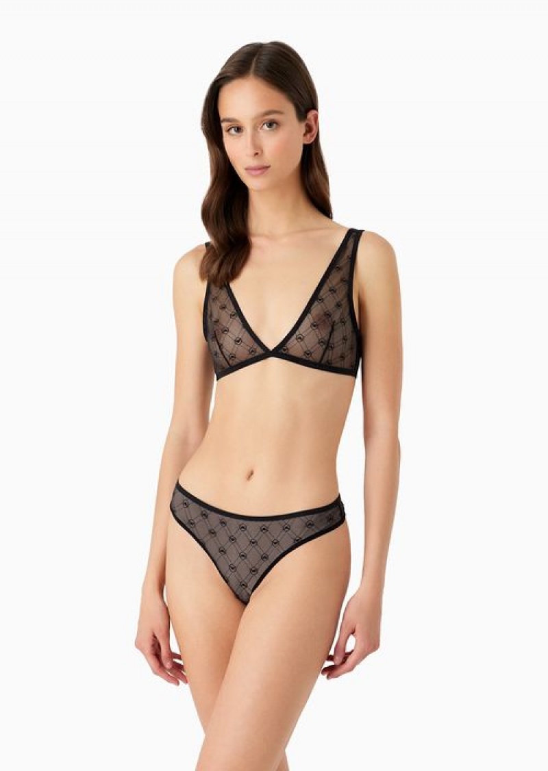 Black Emporio Armani All-over Monogram Jacquard Mesh Bralette | EA-SN56644