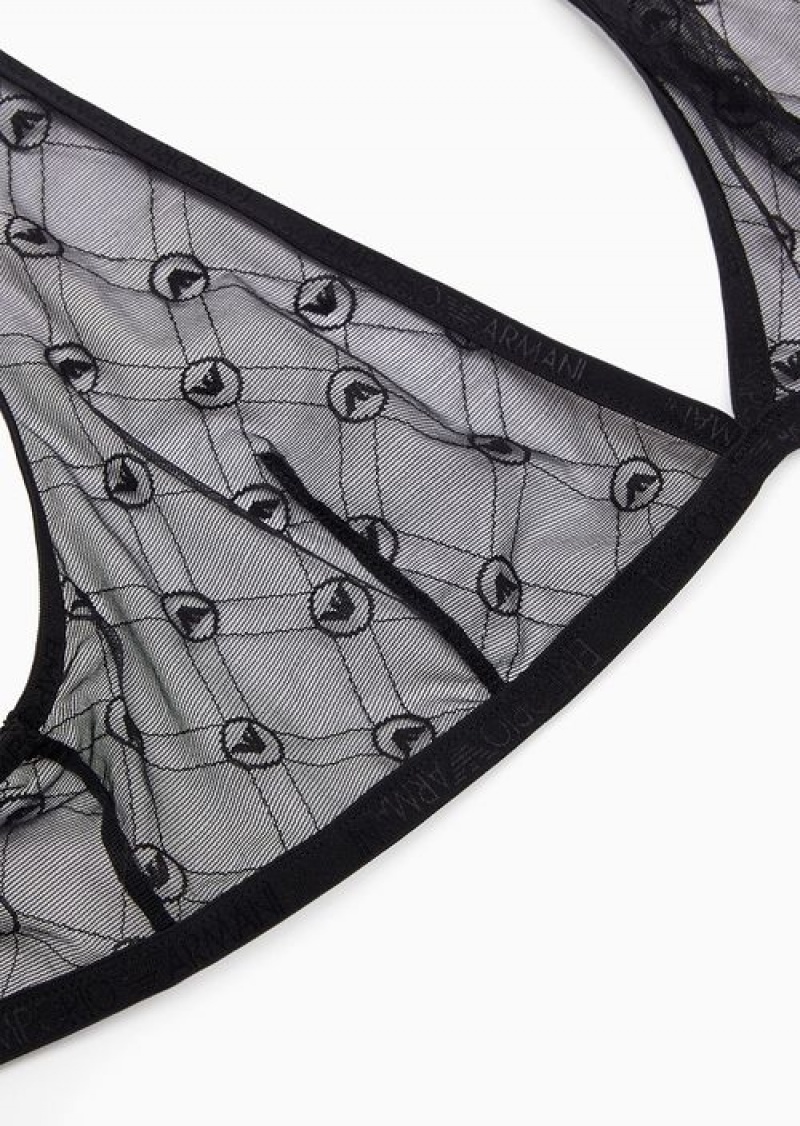 Black Emporio Armani All-over Monogram Jacquard Mesh Bralette | EA-SN56644