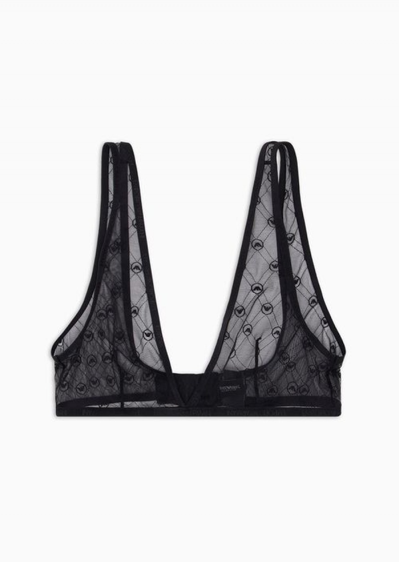 Black Emporio Armani All-over Monogram Jacquard Mesh Bralette | EA-SN56644