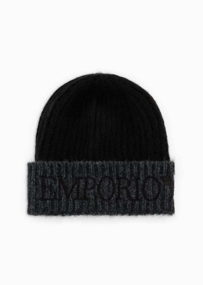 Black Emporio Armani Alpaca-blend Beanie With Logo Embroidery | EA-SN57471