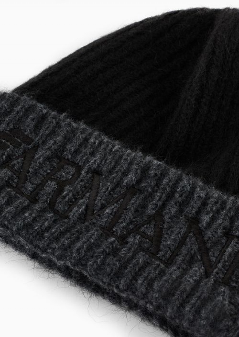 Black Emporio Armani Alpaca-blend Beanie With Logo Embroidery | EA-SN57471