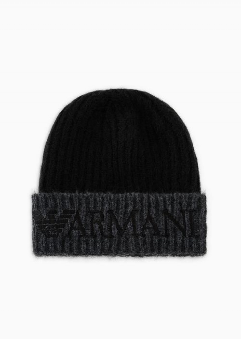 Black Emporio Armani Alpaca-blend Beanie With Logo Embroidery | EA-SN57471