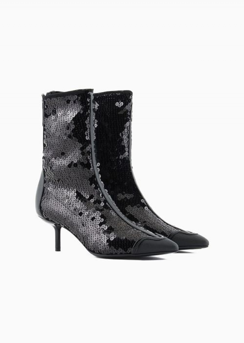 Black Emporio Armani Ankle Boots With Sequinned-covered Heel And Leather Details | EA-SN57098