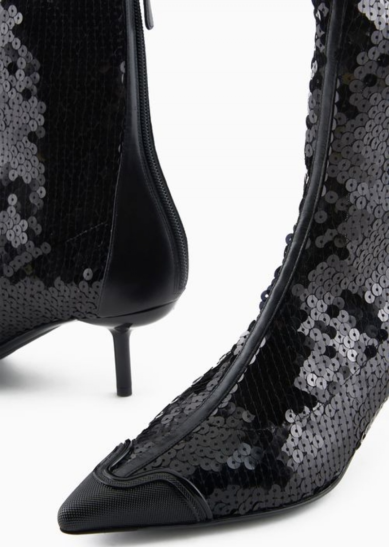 Black Emporio Armani Ankle Boots With Sequinned-covered Heel And Leather Details | EA-SN57098