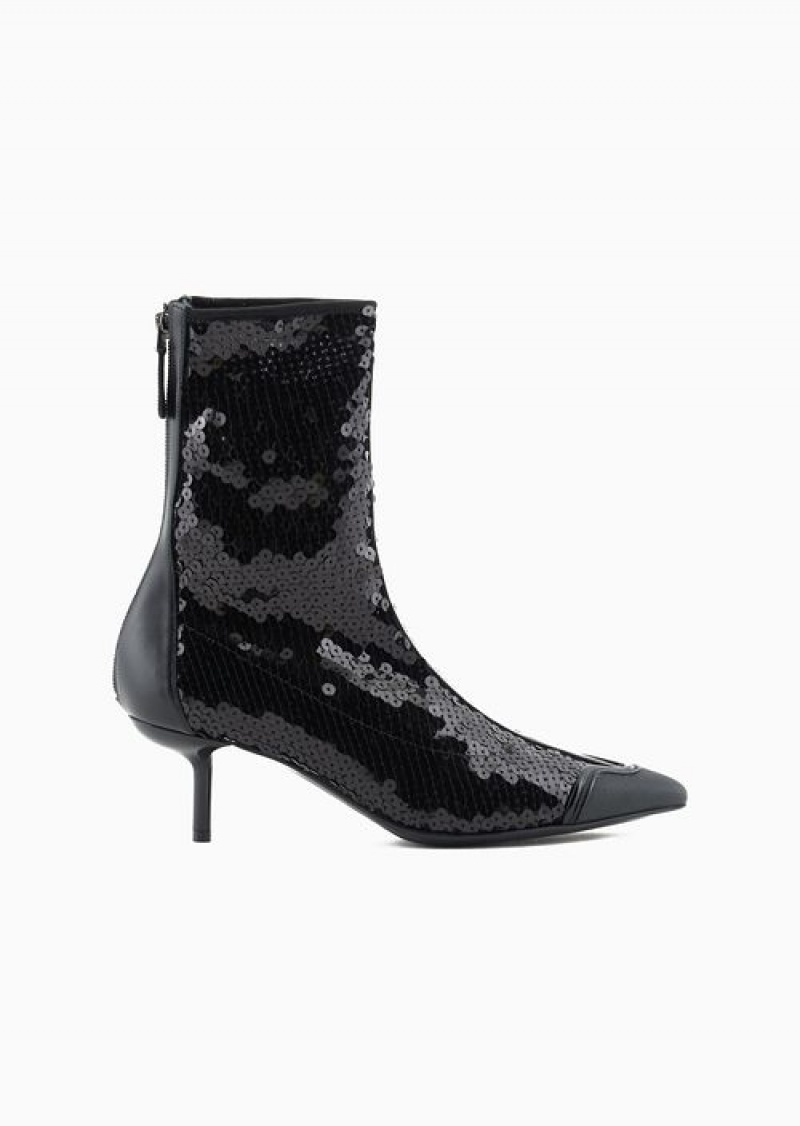 Black Emporio Armani Ankle Boots With Sequinned-covered Heel And Leather Details | EA-SN57098