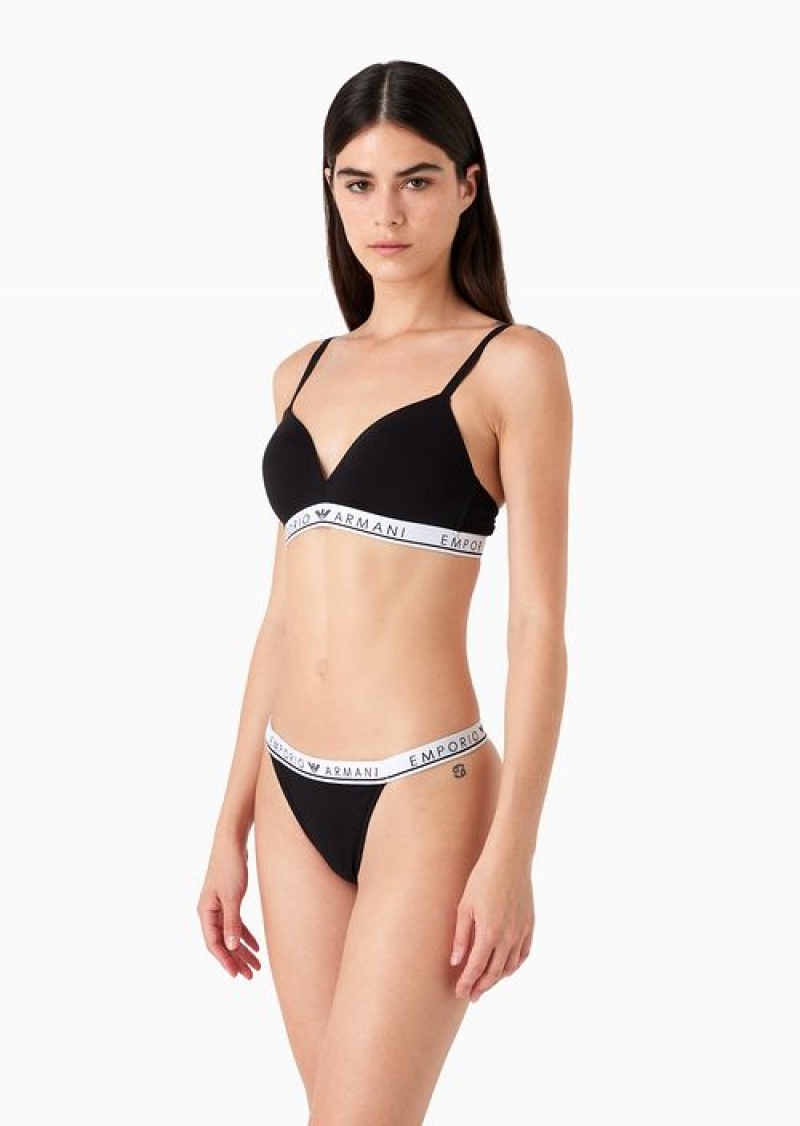 Black Emporio Armani Armani Sustainability Values Iconic Logo Band Organic Cotton Padded Triangle Bra | EA-SN56643