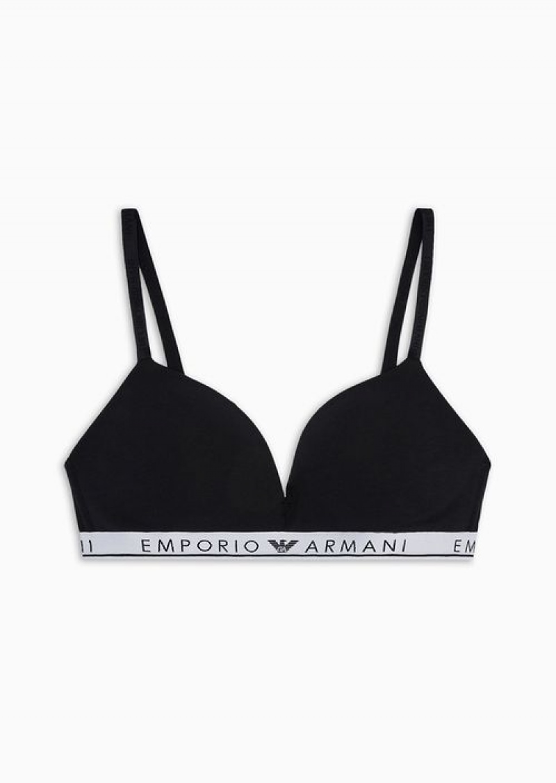 Black Emporio Armani Armani Sustainability Values Iconic Logo Band Organic Cotton Padded Triangle Bra | EA-SN56643