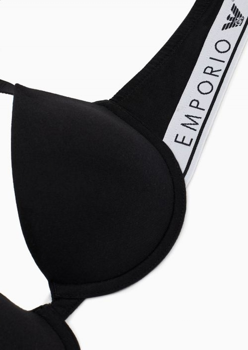 Black Emporio Armani Armani Sustainability Values Iconic Logo Band Organic Cotton Push-up Bra | EA-SN56646