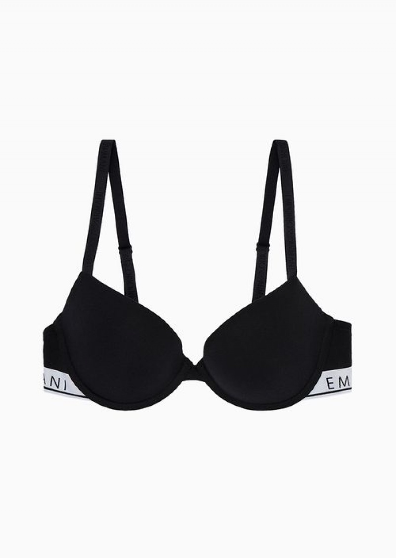 Black Emporio Armani Armani Sustainability Values Iconic Logo Band Organic Cotton Push-up Bra | EA-SN56646