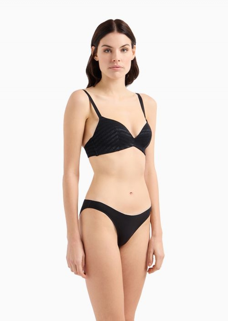 Black Emporio Armani Armani Sustainability Values Padded Triangle Bra In Recycled Bonded Mesh With All-over Lettering | EA-SN56647