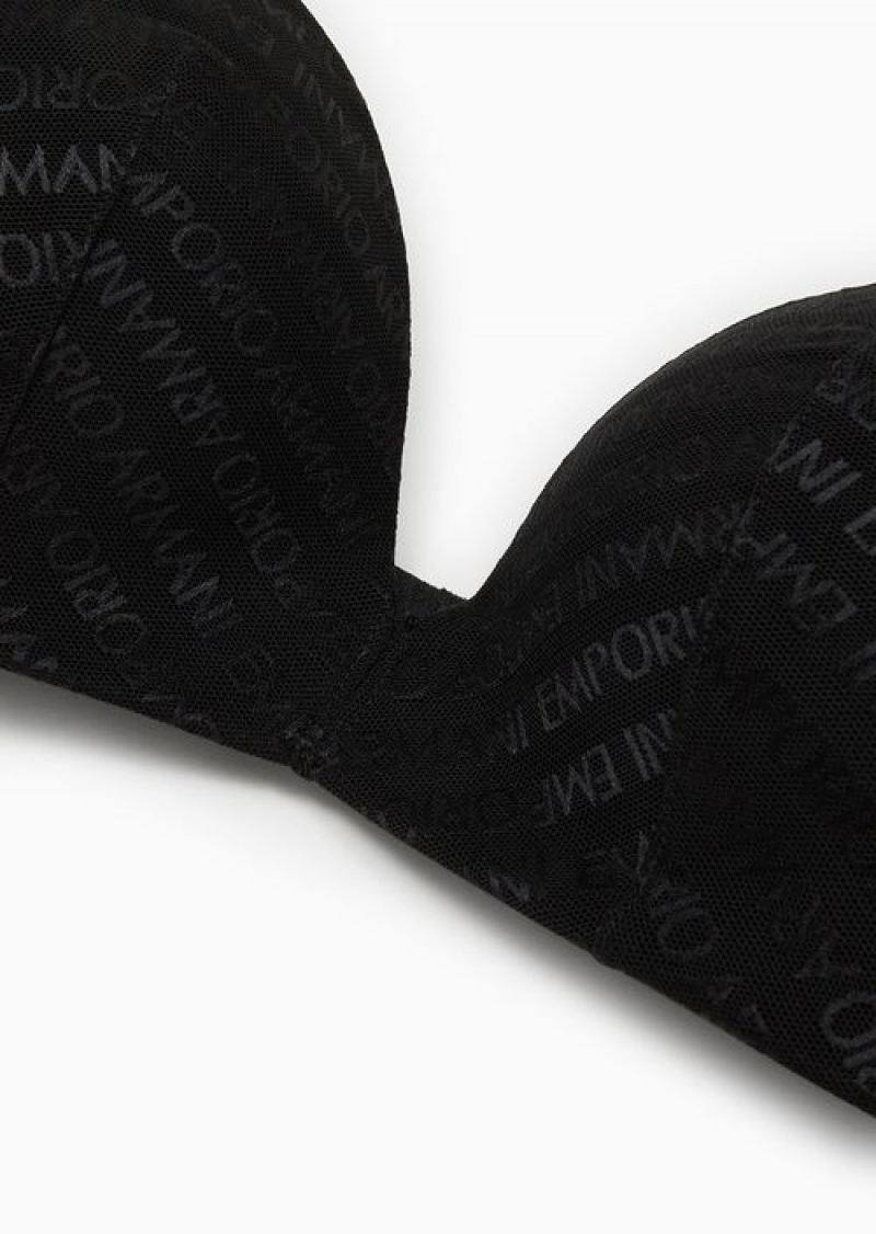 Black Emporio Armani Armani Sustainability Values Padded Triangle Bra In Recycled Bonded Mesh With All-over Lettering | EA-SN56647