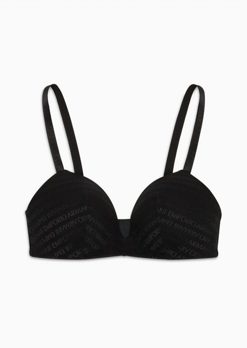 Black Emporio Armani Armani Sustainability Values Padded Triangle Bra In Recycled Bonded Mesh With All-over Lettering | EA-SN56647